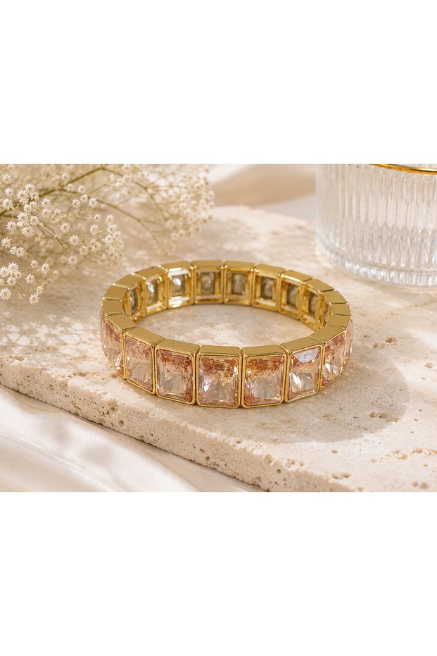 Honey Color Crystal Stone Rectangular Flexible Bracelet – Stylish & Sparkling Design