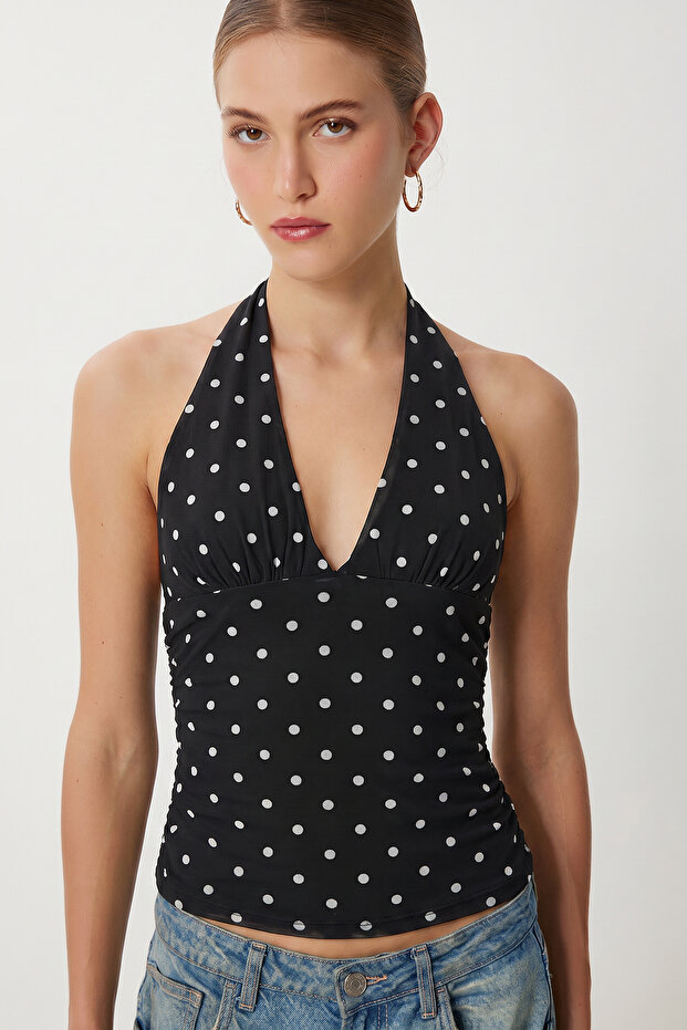 Polka Dot Patterned Crop Tulle Blouse Lfw0023 Black