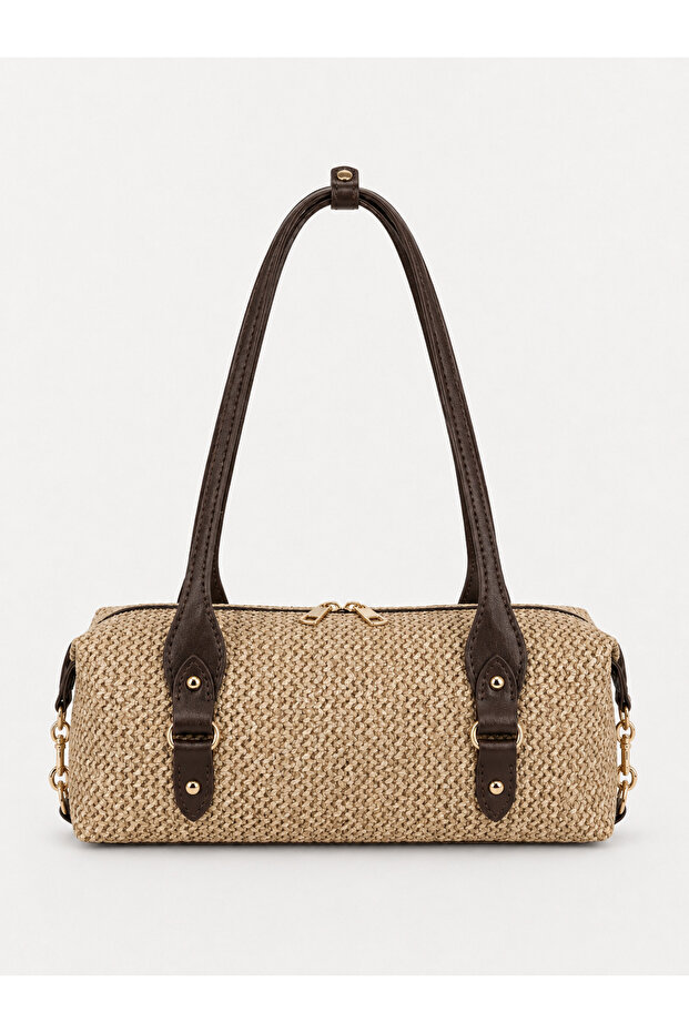 Coffee Straw Look Women's Shoulder Bag Stylish Cylinder Shape Daily Use Handbag
