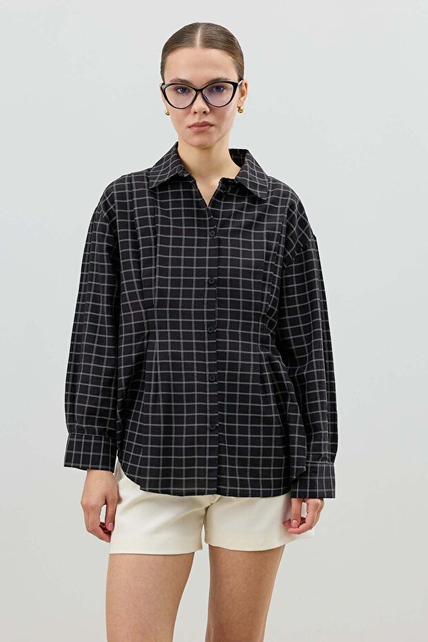 Black Checkered Women's Shirt with Pen Detail