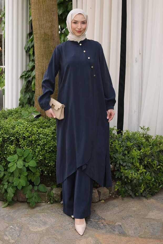 Navy Blue Buttoned Tunic Trousers Suit