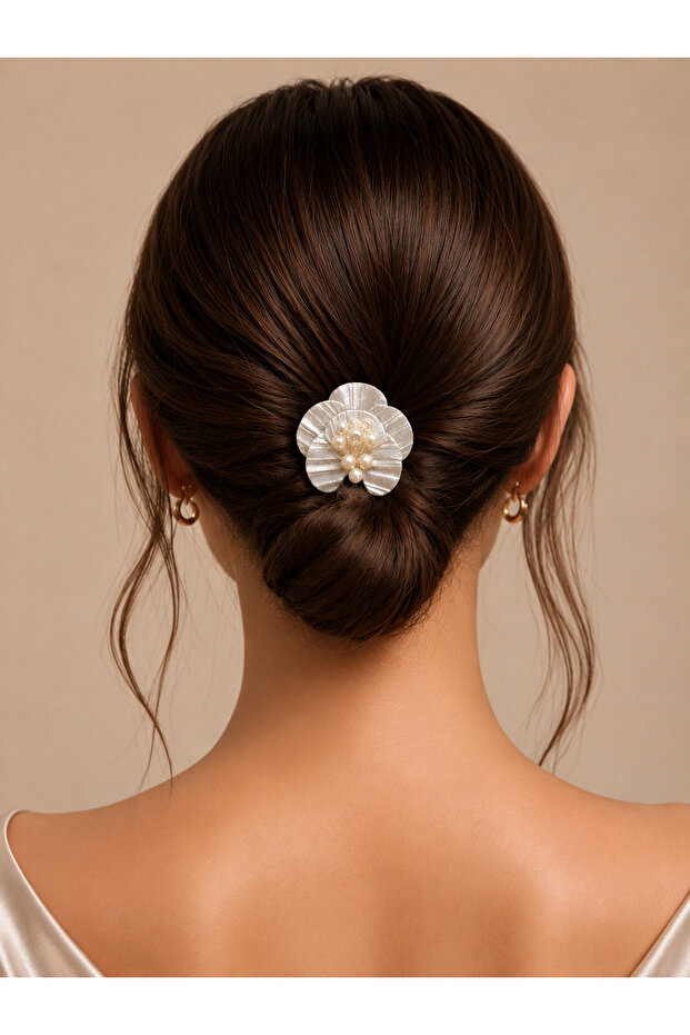 Silver Ceramic Flower Patterned Bridal Hair Accessory with Pearls, Promise, Engagement, Wedding Comb Clip