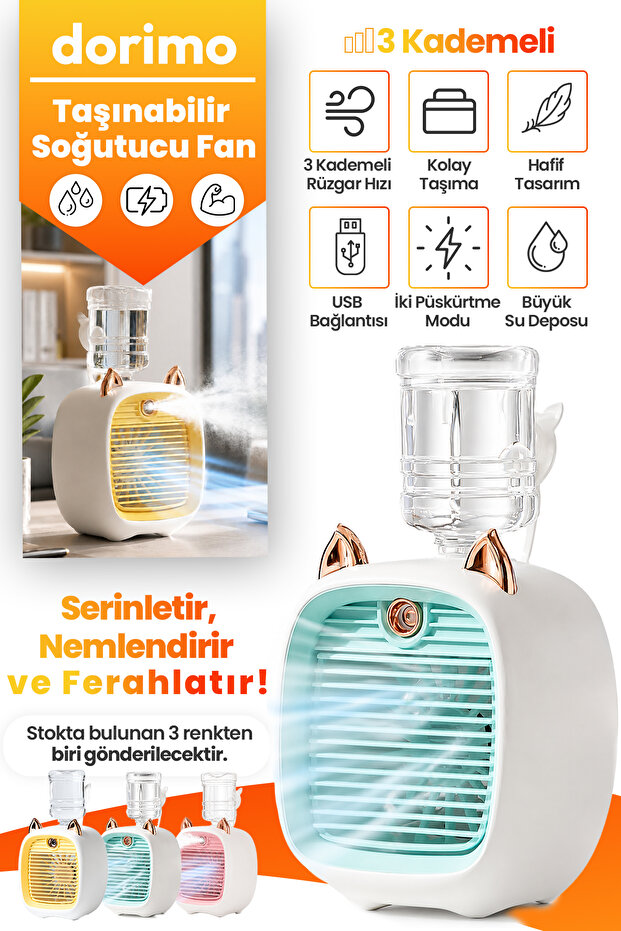 Dorimo USB Şarjlı Taşınabilir Mini Soğutucu Fan Püskürtmeli Nemlendiricili Masaüstü Klima Fanı 3 Kademe Rüzgar Gücü Çift Sprey Sessiz Ortam Aydınlatmalı Serinletici Fan