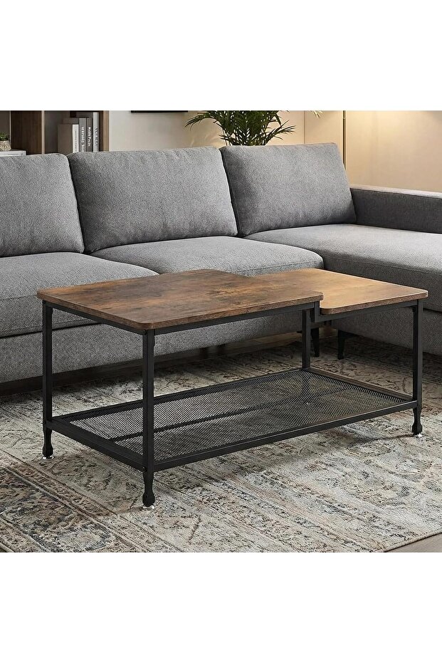 2-Tier Industrial Coffee Table, Rectangle Living Room Center Table with Mesh Storage Shelf, Rustic Brown