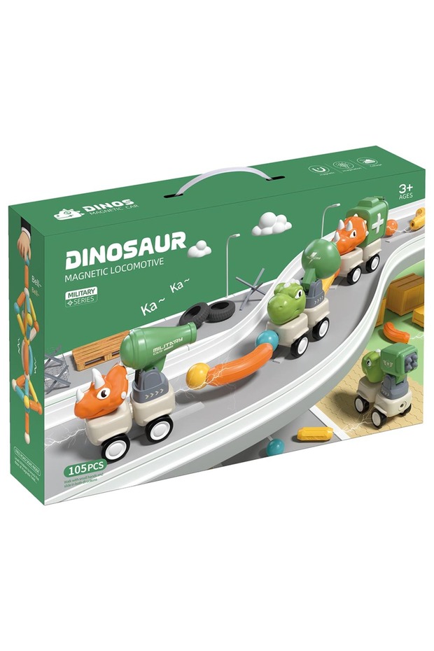 - Magnetic Dinosaur Military Car Set - 105pcs