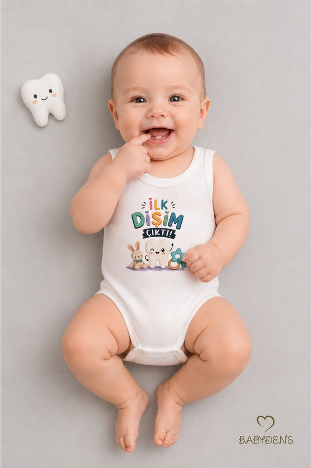 Teeth Wheat Body 100% Cotton My First Tooth Came Out Printed Sleeveless Baby Bodysuit with Snap Fasteners Unisex Newborn Bodysuit