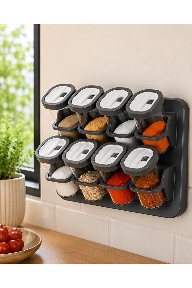 360 ° 8-Piece Spice Rack Set with Swivel Lid and Stand for Wall Mounting and Countertop Use