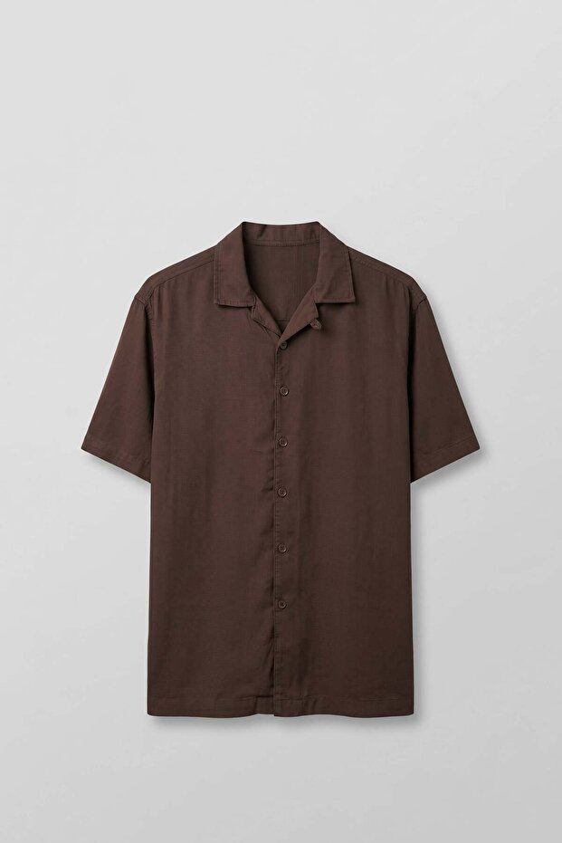 Men's Relaxed Fit Open Collar Short Sleeve Tencel Shirt Brown