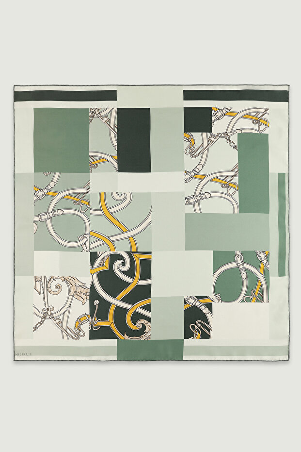 Mint Patchwork Chain Motif Silk Scarf