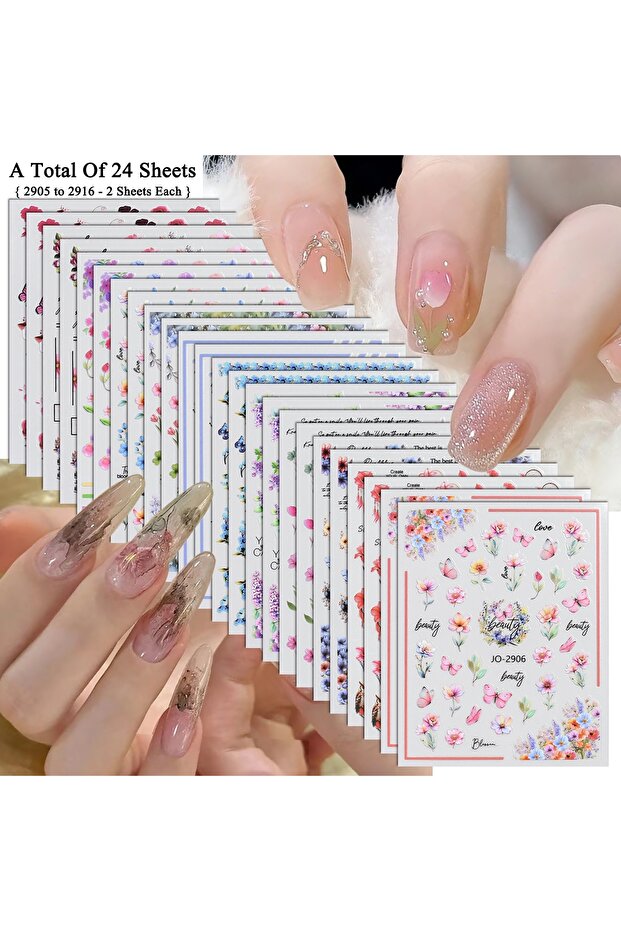 Set AA - 24 Sheets 3/6/12/18/24/60 Sheets 3D Flower Nail Stickers Floral Butterfly Rose Lavender Wil