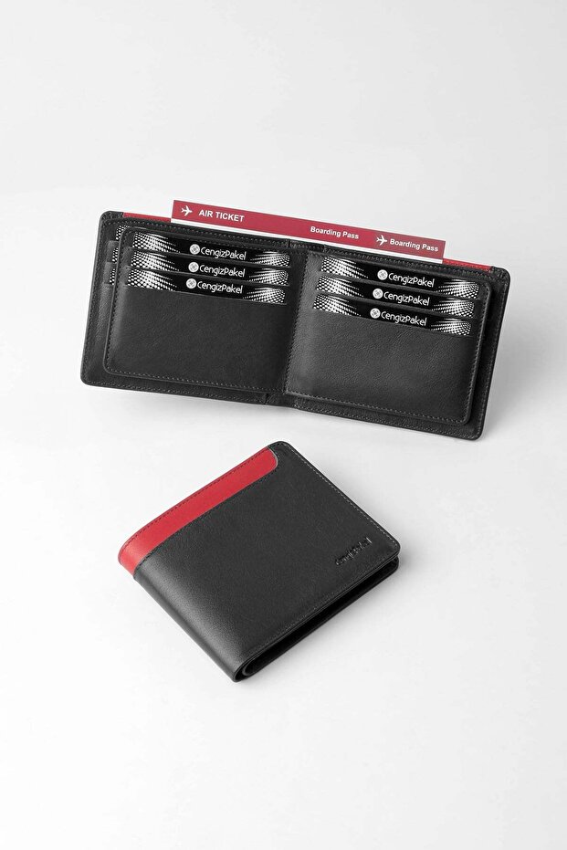 Genuine Leather Double Color Detailed Horizontal Men's Wallet - 27553 - Black/Red