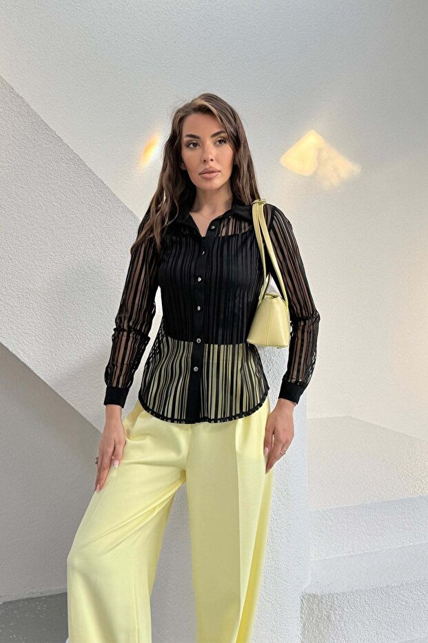 Black Body Detailed Transparent Striped Blouse