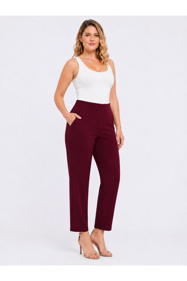 Women's Plus Size Burgundy, High Waist, Ayrobin Fabric, Elastic Waist, Pocketed Pants 65N39513