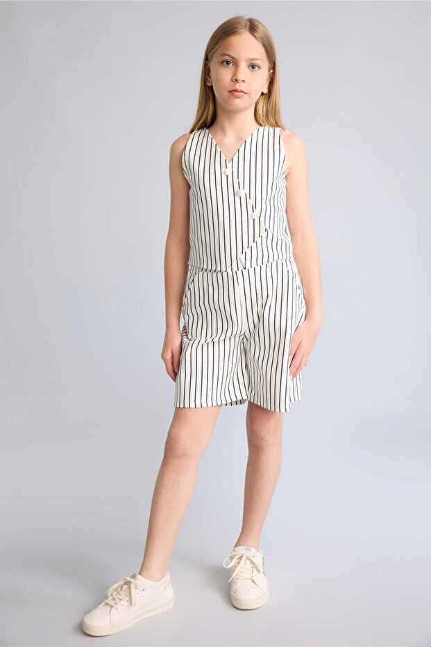Striped V-Neck Ecru 2-Piece Set for Girls H9840A826Sm