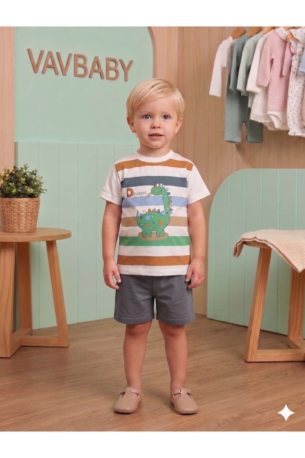 Boys Dinosaur Print Striped Short Sleeve T-Shirt and Shorts Set - Gray