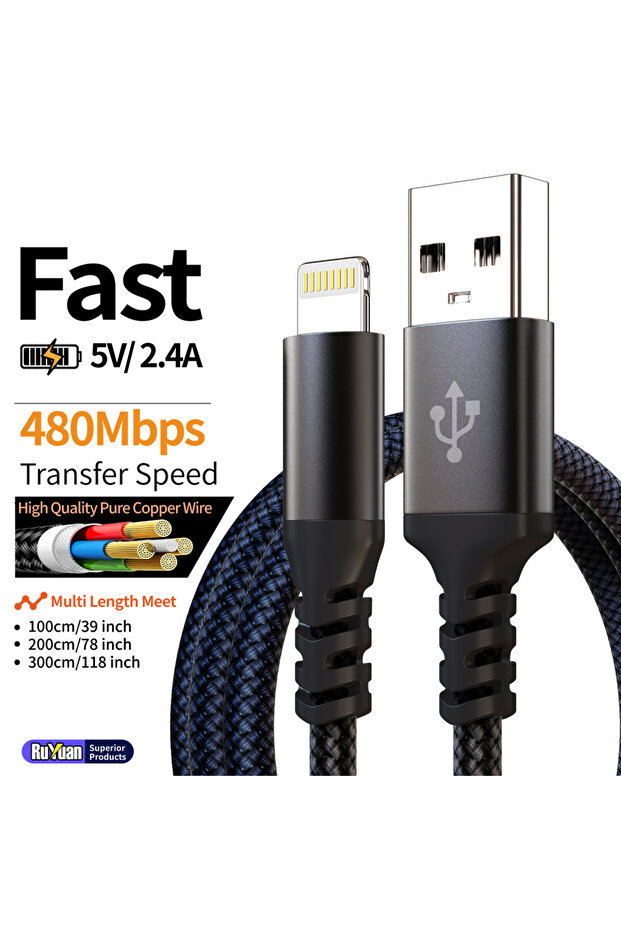 كابل شحن سريع من Lightning إلى USB-A بطول 3 أمتار أسود [معتمد من MFi] 10 أقدام 3 متر USB A إلى Lightning للآيفون