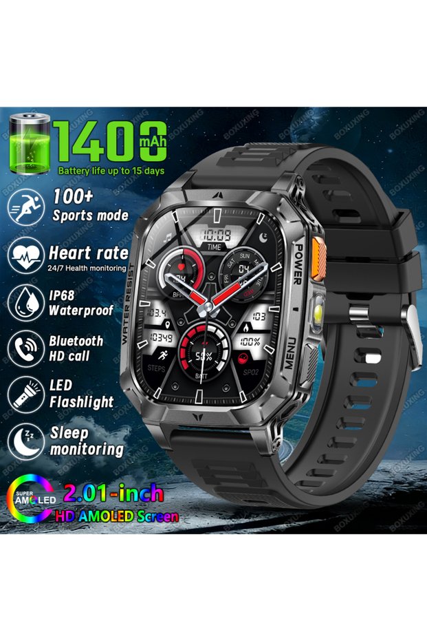Black 2026 New Grade 1400 mAh Battery Smart Watch Men 2.01" AMOLED Screen IP68 Waterproof Spor...