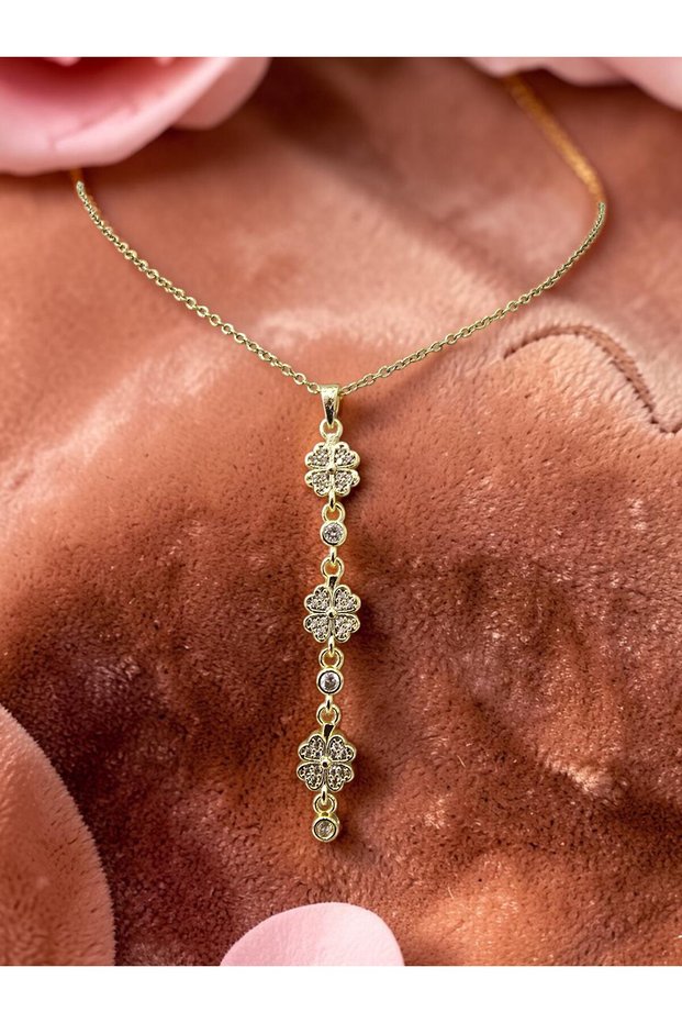 Gold Color Triple Clover Model Dangling Zircon Stone Steel Chain Necklace - Tarnish Resistant - 45cm