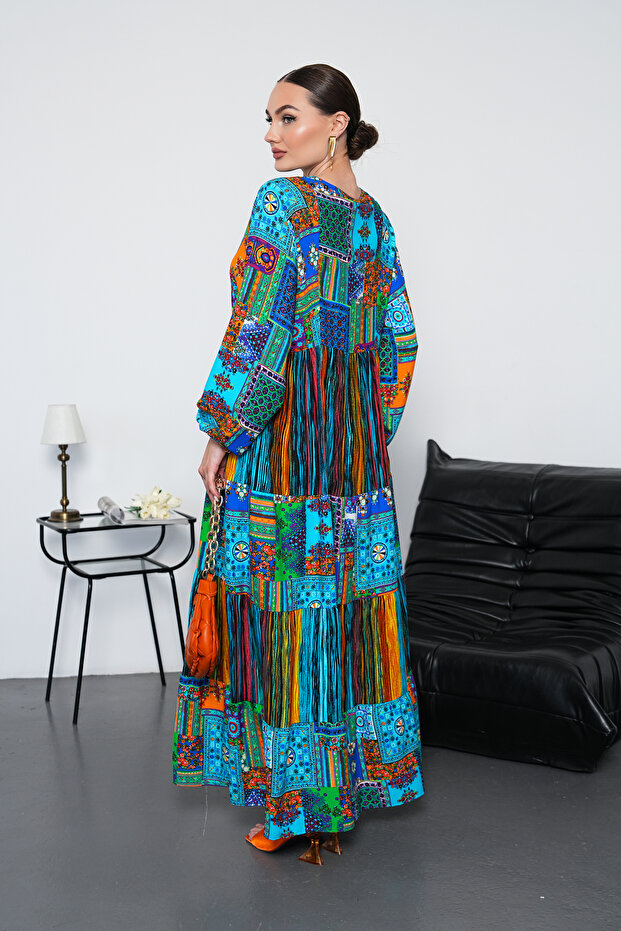 Rochie cu mânecă lungă, tip patchwork, lungime completă - 3