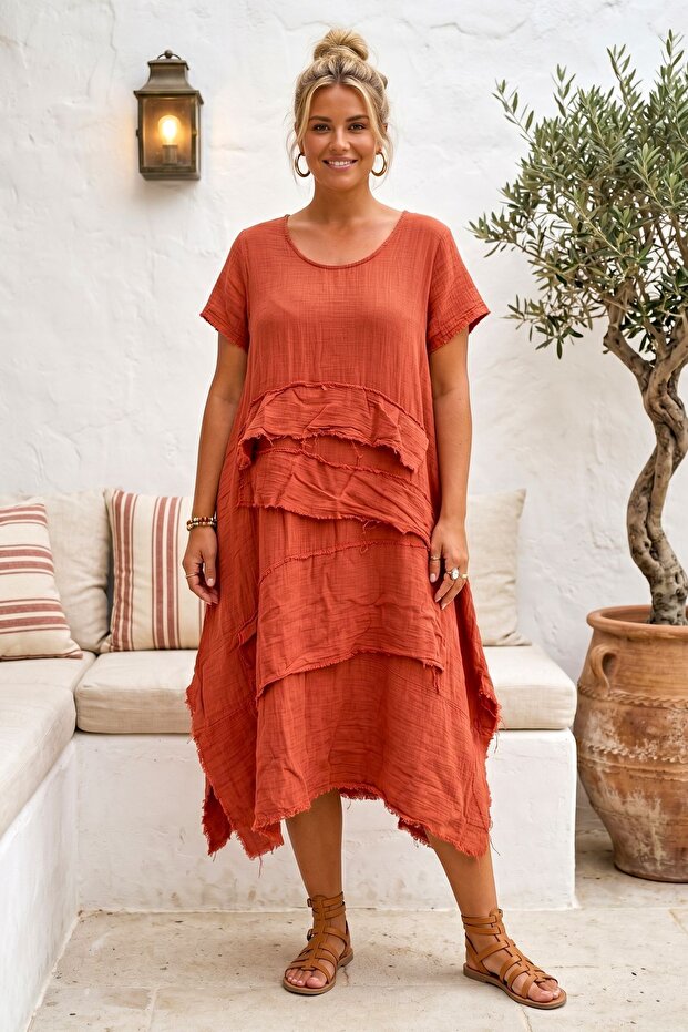 Brick Color Pool Collar Short Sleeve Washable Segmented Casual Muslin Asymmetrical Woven Dress 125 52