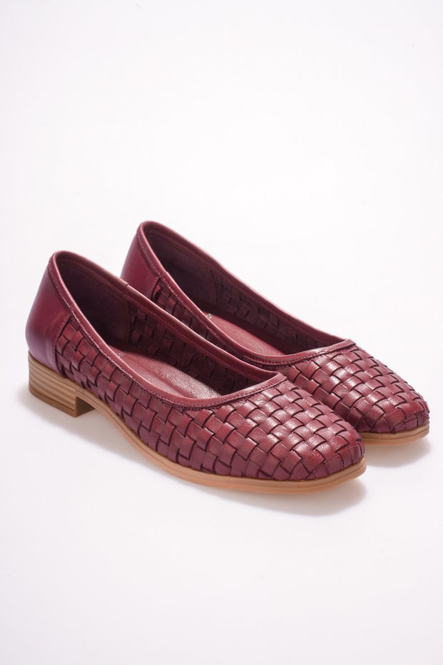 Women's Genuine Leather Knitted Detailed Ballerinas - Burgundy