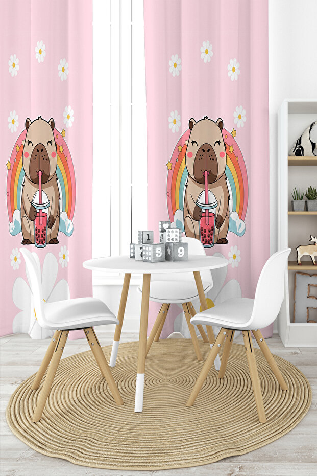 Capybara Daisy Patterned Single Wing Background Curtain - 2