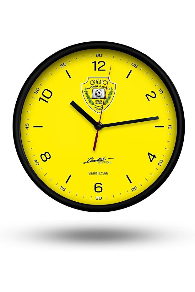 Clokify Nadi Al Wasl Wall Clock, 25 cm Analog, Silent Movement, Battery Operated, Design 2, Black Frame