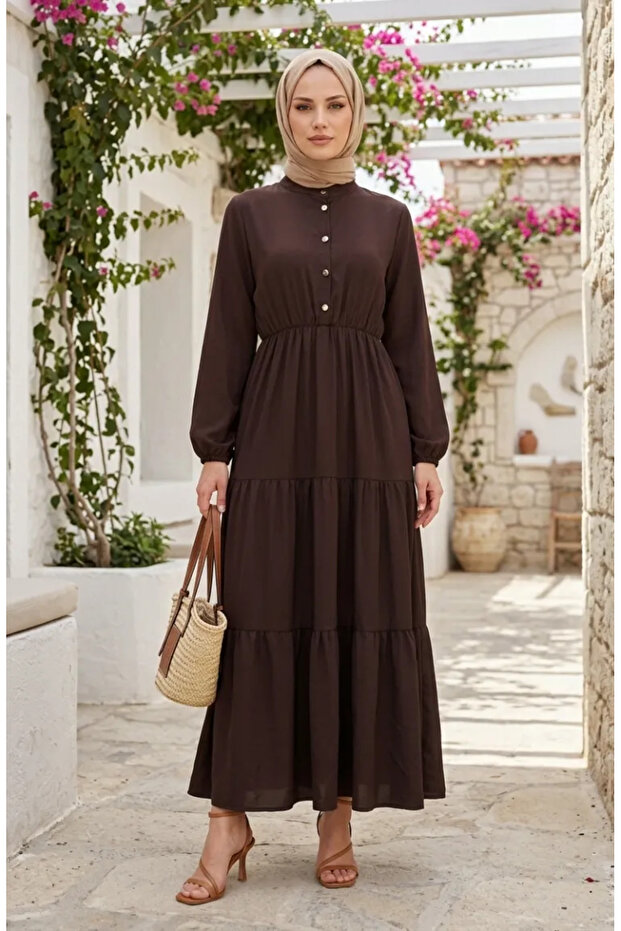 Half-Buttoned Elastic Waist Dress 0276-03 Brown