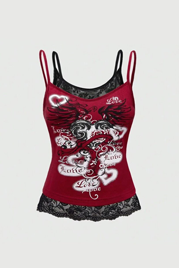 Red Gothic Coquette Love Lace Detailed Y2K Strap Crop