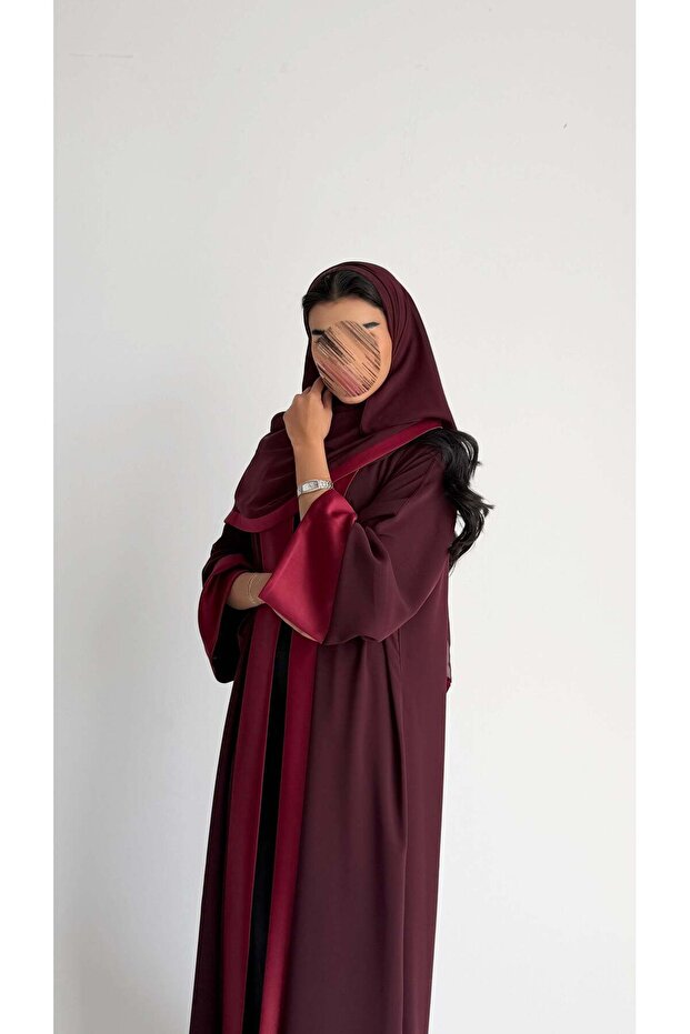 mwt1100 عباية عنابي بتدخيله ساتان بالاكمام