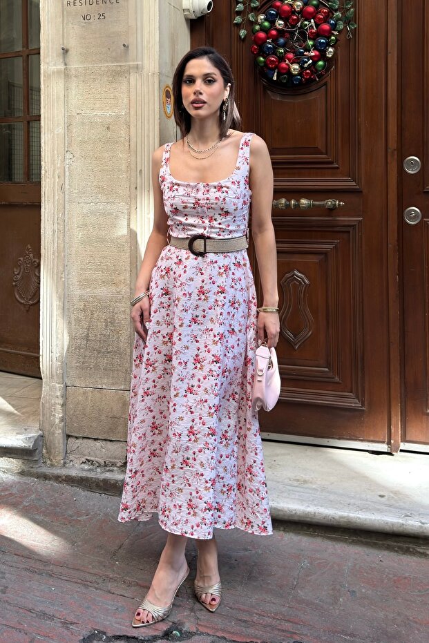 Women's Floral Patterned Belt Detailed Woven Dress