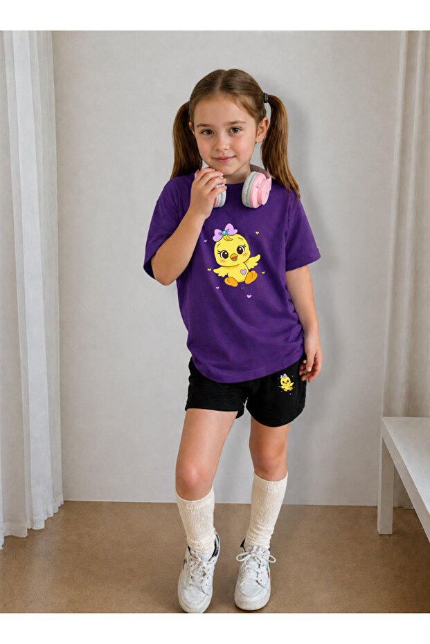 Girl's T-Shirt and Shorts Set, Printed Cotton, Summer Casual Fit Combination