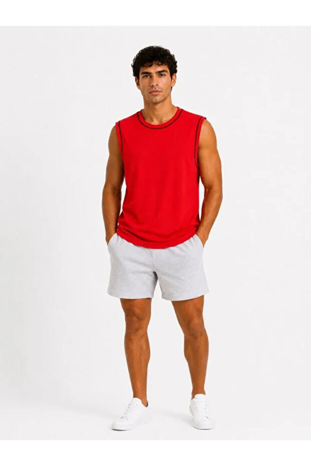 Men's Contrast Ribbed Sleeveless Undershirt Crew Neck Summer Basic Undershirt - Red