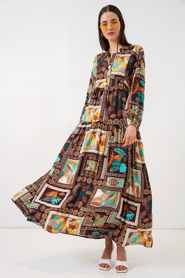 Women's Patterned Long Hijab Dress 1155 - Dark Brown
