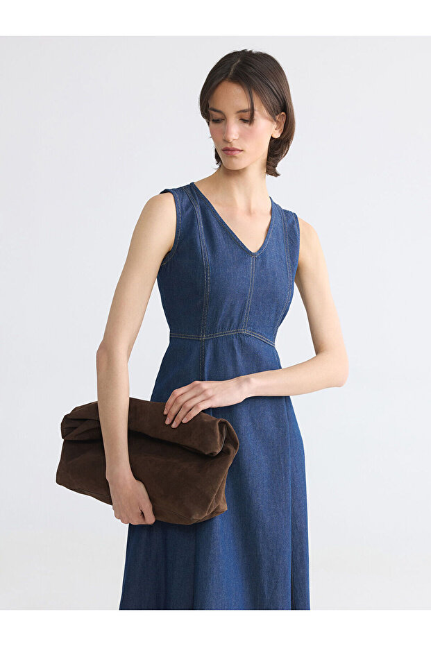Trendlucky V-Neck Linen Blend A-Line Jean Dress with a Difference