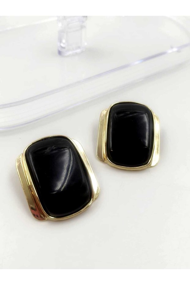 Gold Color Black Detailed Vintage Earrings