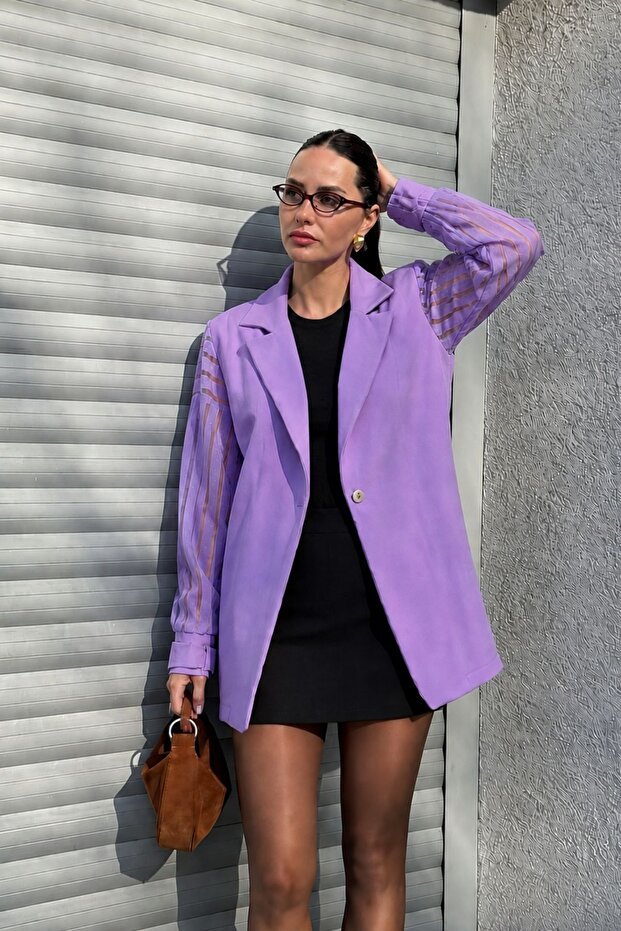 Women's Lilac Oversize Single Button Jacket with Lace Padded Sides Arm-26Y001068