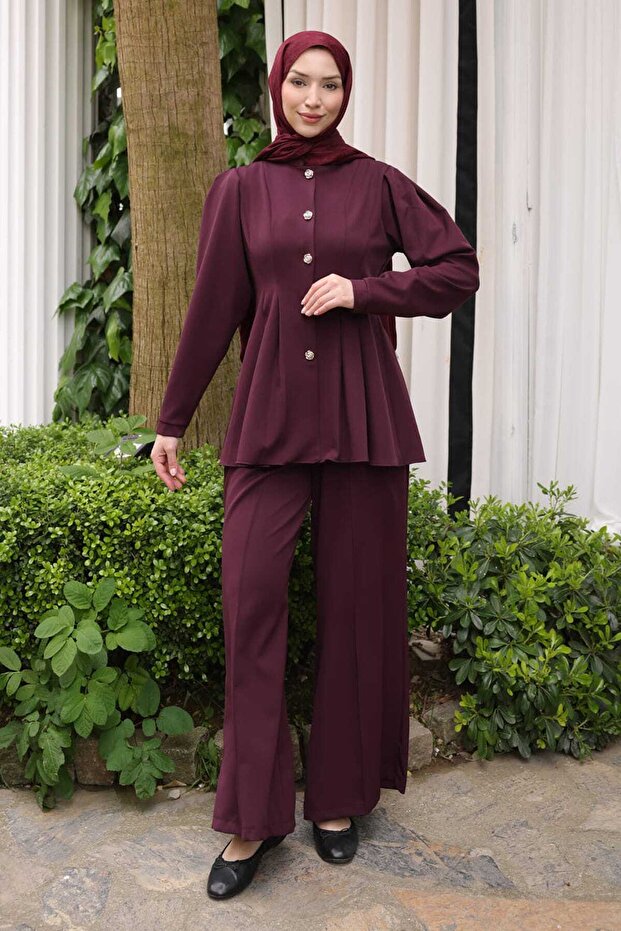 Plum Stitching Detailed Jacket and Trousers Set