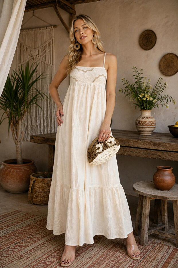 Women's Beige Lined Chest Patterned Strappy Gipeli Summer Bohemian Dress