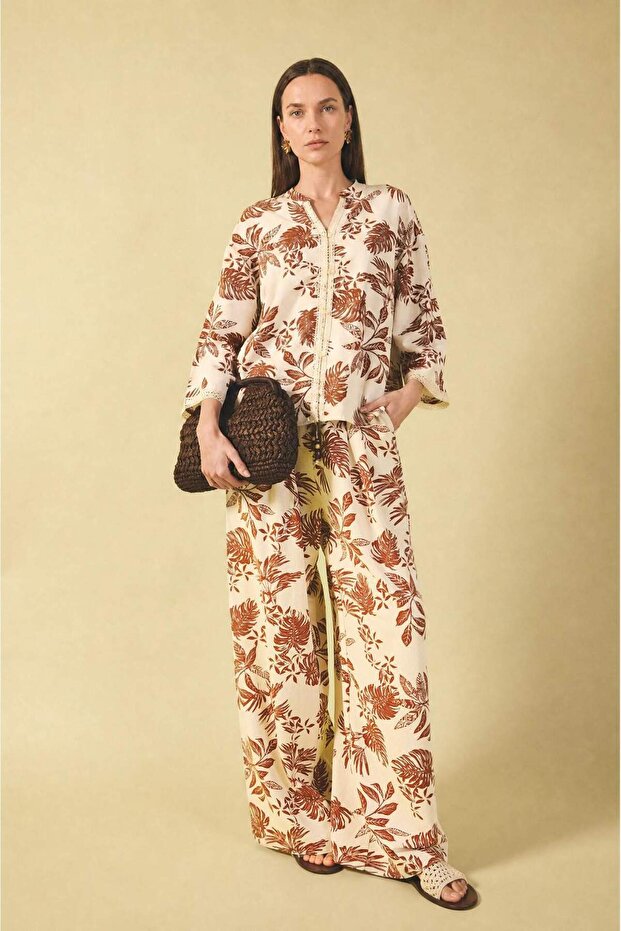 Wide Leg Floral Patterned Linen Blend Trousers with Pockets F9266Ax26Sm