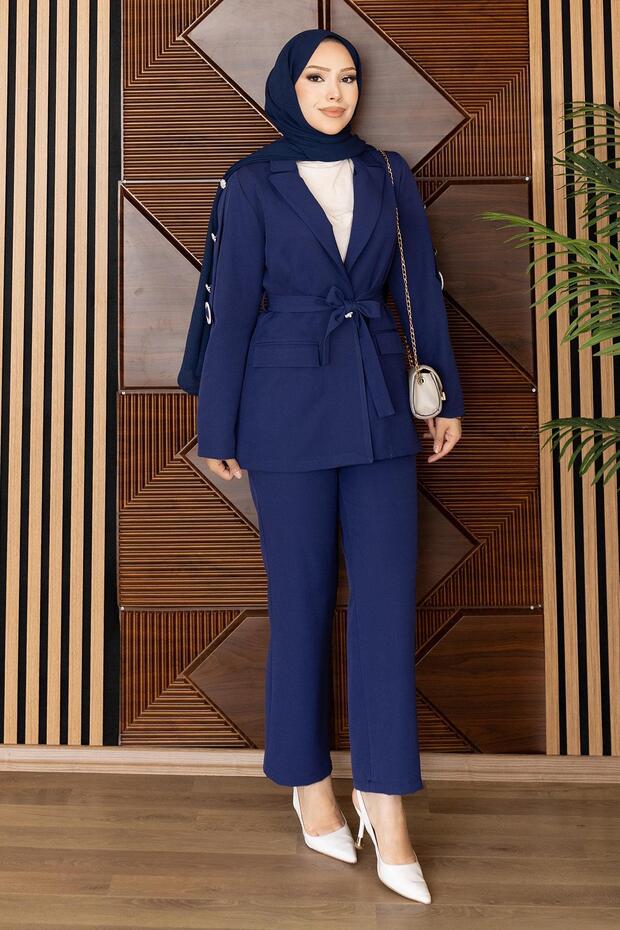 Double-Breasted Collar Button Detailed Suit Indigo 19297
