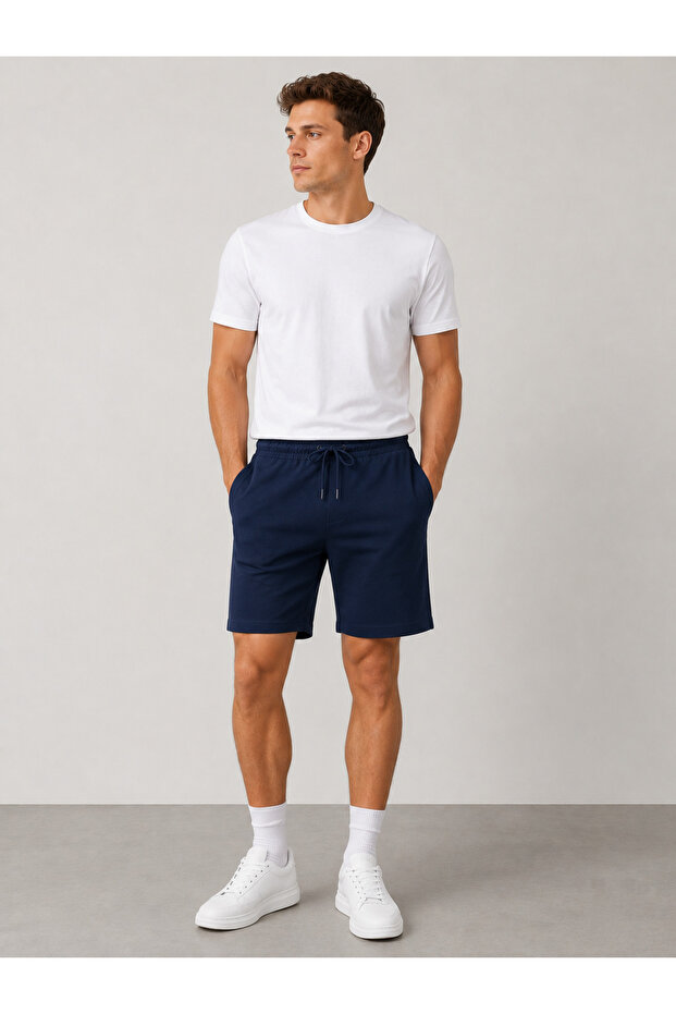 Men's Navy Blue Basic Shorts Elastic Waist Comfortable Cut Casual Sports Shorts