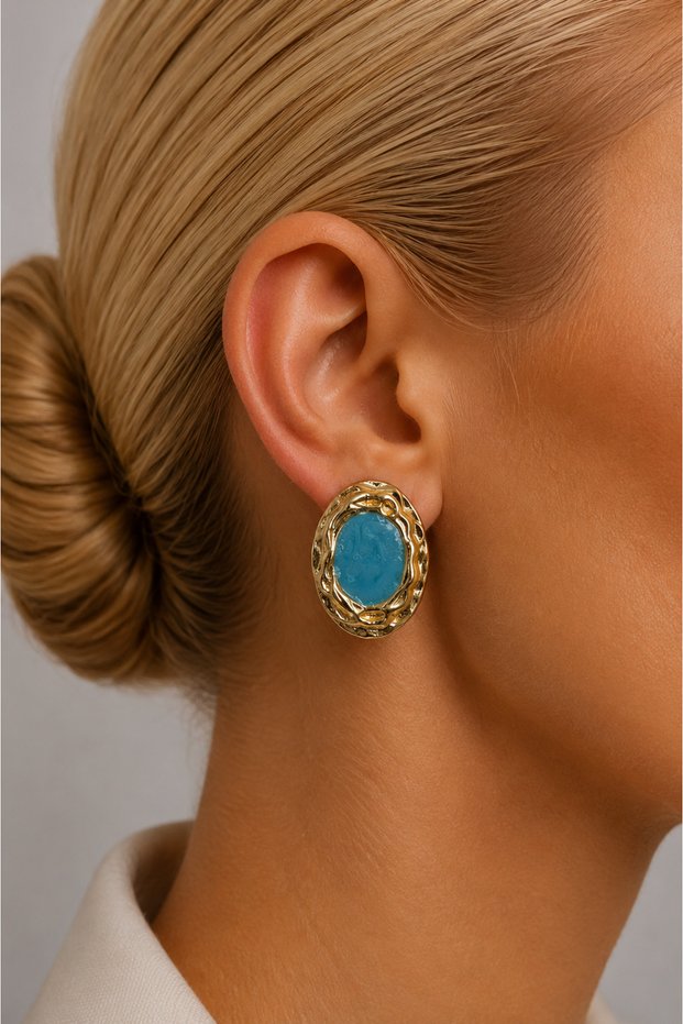 Amélie Women's Yellow Plated Vintage Oval Steel Earrings with Blue Detail
