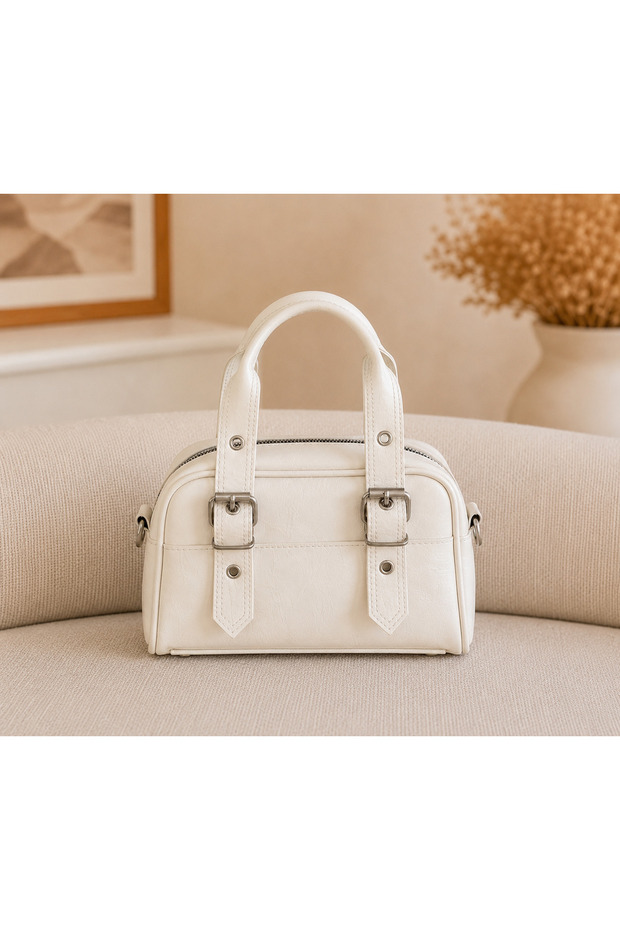 Women's Shoulder Bag with Adjustable Straps and Buckle Detail, Cream