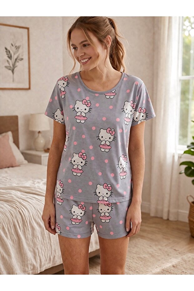 Marla Hello Gray Color Hello Kitty Pink Polka Dot Shorts Set