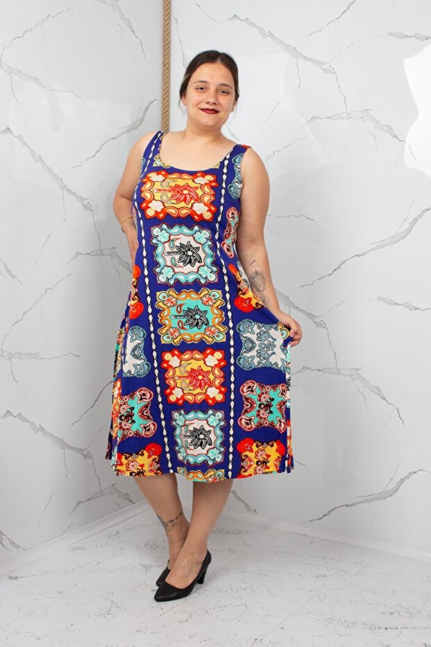 Plus Size Thick Strap Tile Patterned Viscose Dress