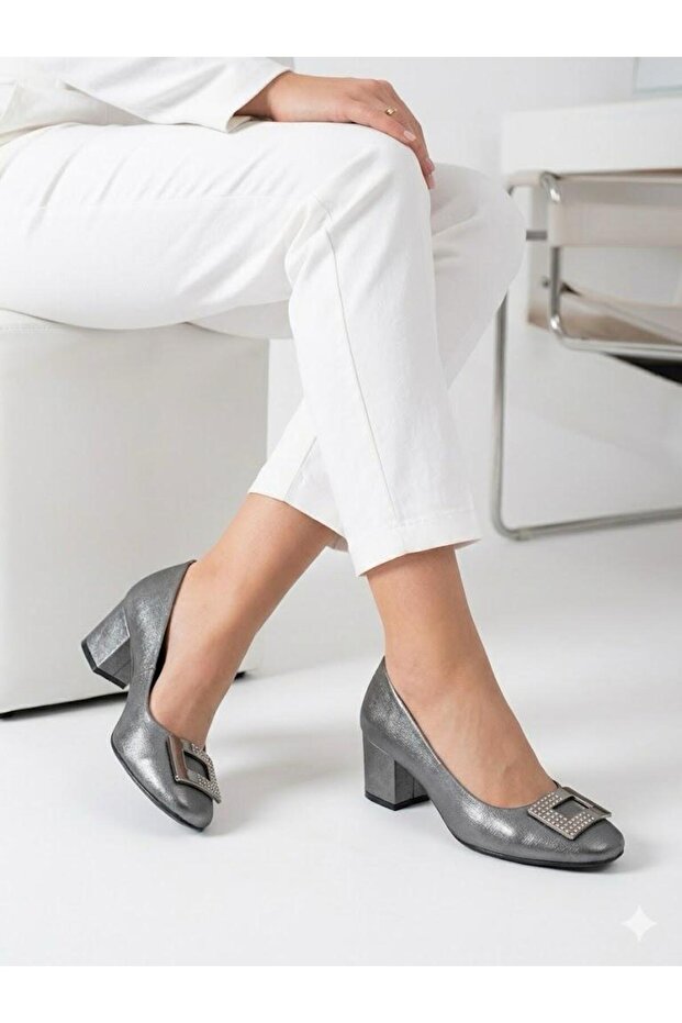Women's Silver Thick Heel Comfortable Fit Heeled Shoes
