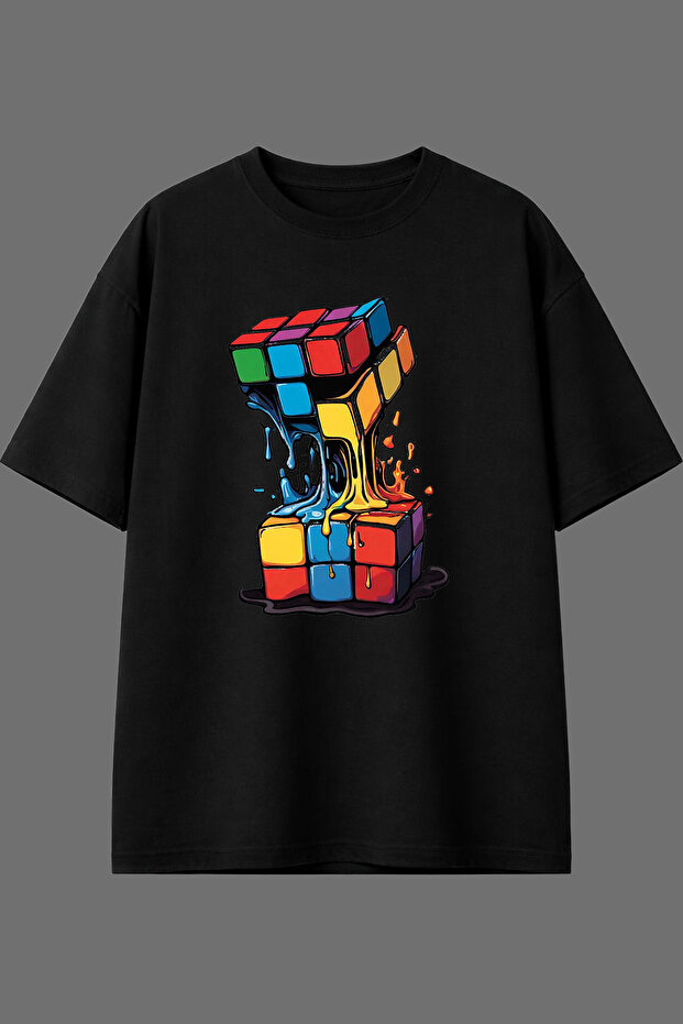 Melting Rubik's Cube Design Pre-Printed Black Oversize T-Shirt