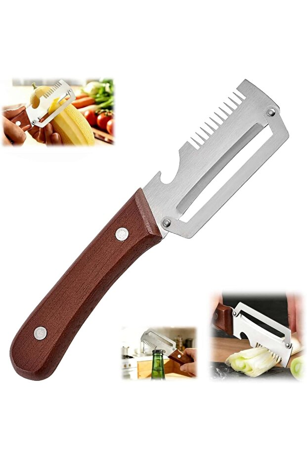 Multifunctional Vegetable Peeler, Wooden Handle, Bottle Opener & Grater, 3-in-1 Kitchen Gadget