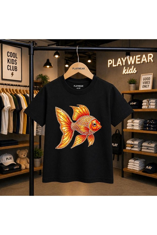 Orange Fish Printed 100% Kids Unisex T-Shirt 5 6 -7 8-9 10 -11 12 Years Old